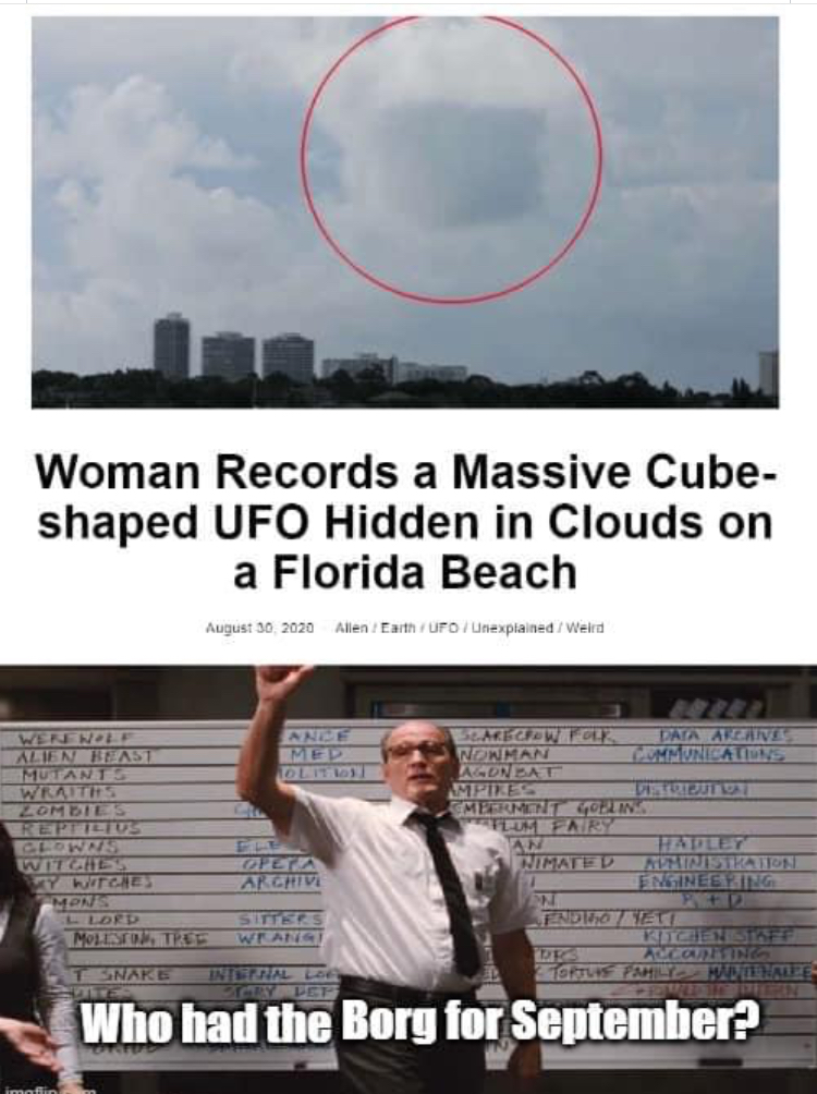 poster - Woman Records a Massive Cube shaped Ufo Hidden in Clouds on a Florida Beach 30 2030 tentar Rce Llit Well Ters Is Al Tanova Le Sill Who had the Borg for September?