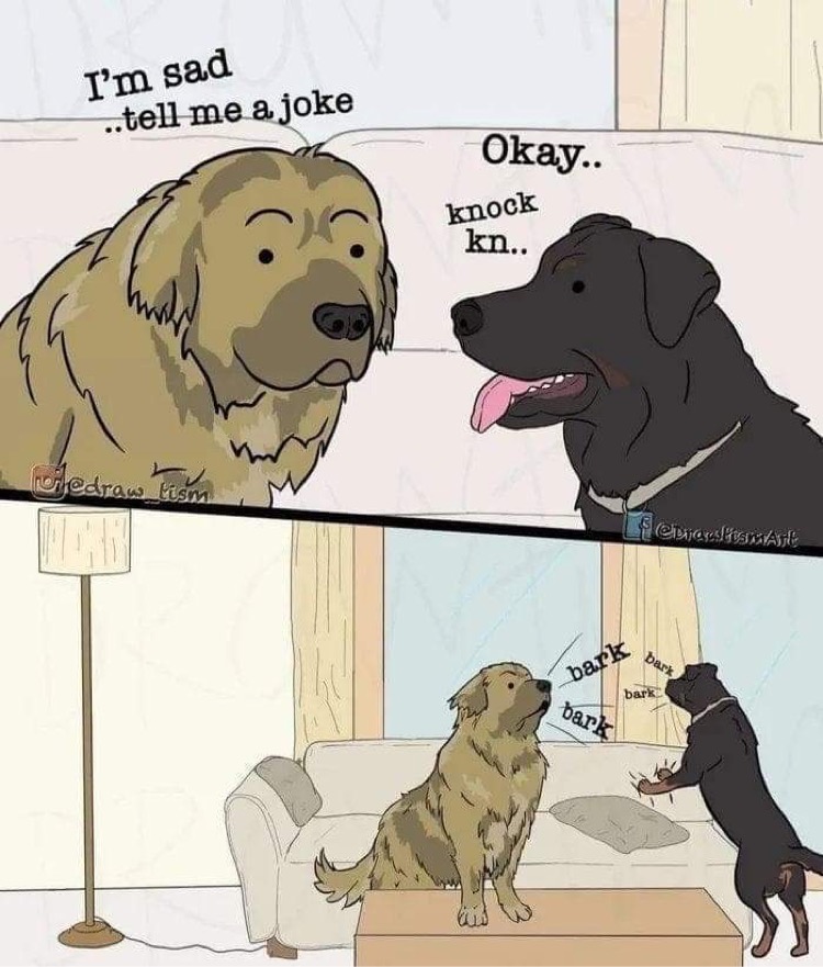 funny memes - dogs knock knock joke - I'm sad ..tell me a joke Okay.. knock kn.. hedraw tism emelles Artis bark bark bark