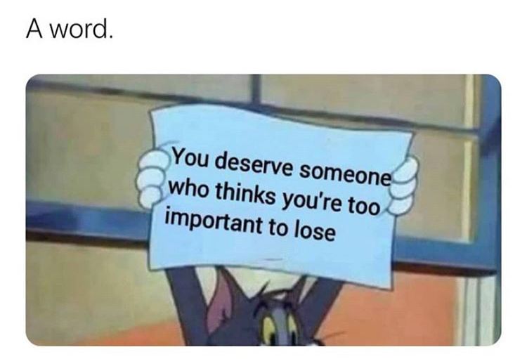 funny memes - cartoon - A word. You deserve someone who thinks you're too important to lose