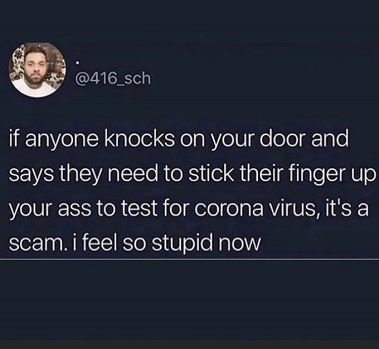 atmosphere - if anyone knocks on your door and says they need to stick their finger up your ass to test for corona virus, it's a scam. i feel so stupid now
