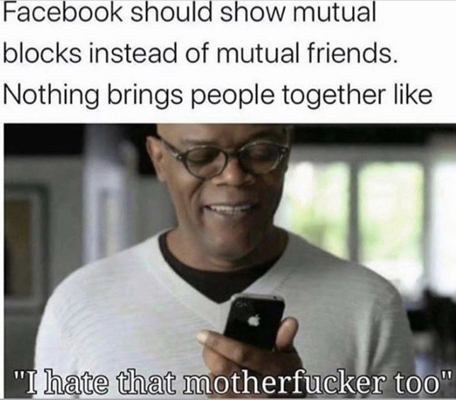 facebook should show mutual blocks - Facebook should show mutual blocks instead of mutual friends. Nothing brings people together "I hate that motherfucker too"