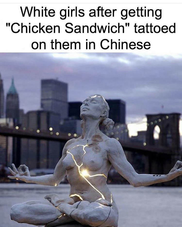 White girls after getting "Chicken Sandwich" tattoed on them in Chinese
