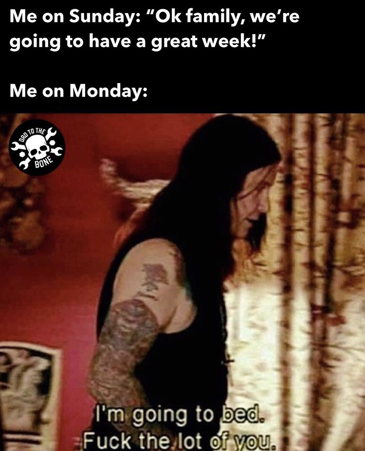 ozzy osbourne meme - Me on Sunday "Ok family, we're going to have a great week!" Me on Monday Bone I'm going to bed. Fuck the lot of you.