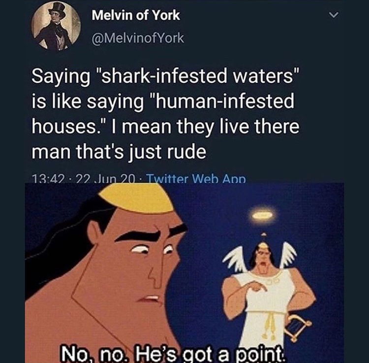 nobody made a song called fuck the fire department - Melvin of York Saying "sharkinfested waters" is saying "humaninfested houses." I mean they live there man that's just rude 22 Jun 20 Twitter Web App No, no. He's got a point