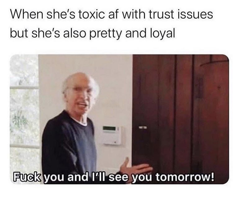 toxic relationship meme - When she's toxic af with trust issues but she's also pretty and loyal Fuck you and I'll see you tomorrow!