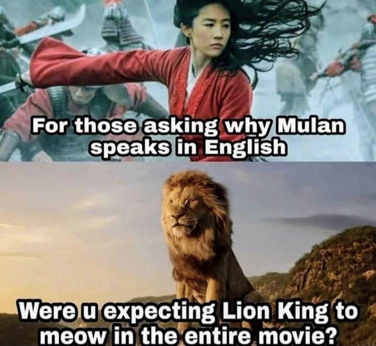 Mulan - For those asking why Mulan speaks in English Were u expecting Lion King to meow in the entire movie?