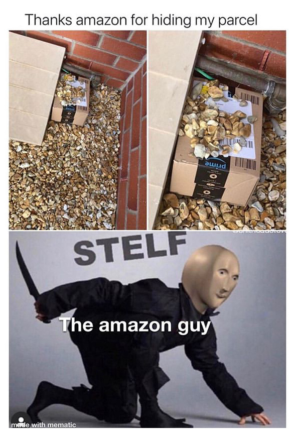 stelf meme - Thanks amazon for hiding my parcel uud Stelf The amazon guy me with mematic