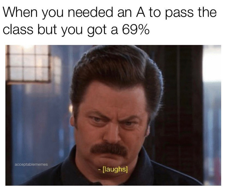 subtitle caption - When you needed an A to pass the class but you got a 69% acceptablememes laughs