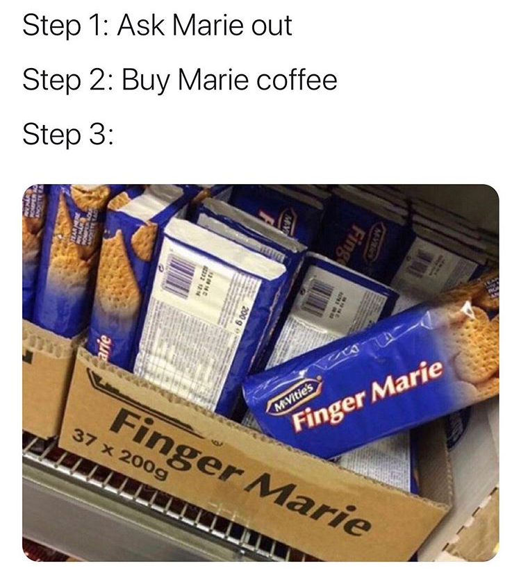 finger marie meme - Step 1 Ask Marie out Step 2 Buy Marie coffee Step 3 Fing Me 2009 Finger Marie Mivities 37 x 200g Finger Marie
