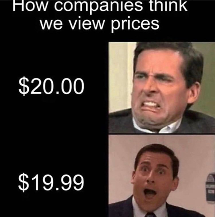 companies think we view prices meme - How companies think we view prices $20.00 $19.99