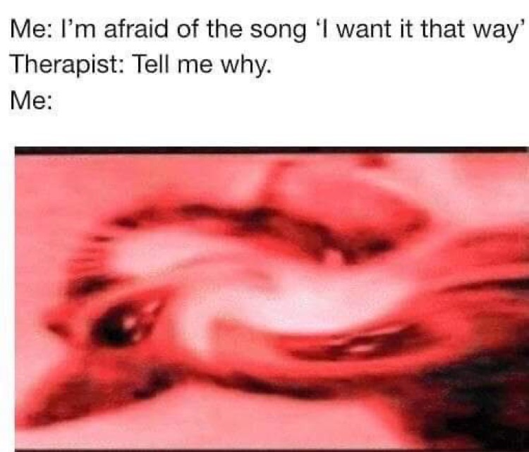 im afraid of the song i want - Me I'm afraid of the song 'I want it that way' Therapist Tell me why. Me