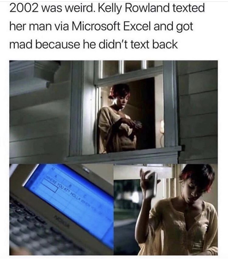 kelly rowland meme - 2002 was weird. Kelly Rowland texted her man via Microsoft Excel and got mad because he didn't text back Were You At Holla