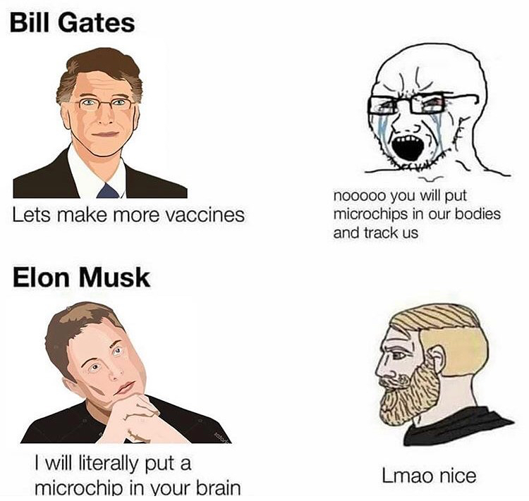 other anime spoiler meme template - Bill Gates Lets make more vaccines nooooo you will put microchips in our bodies and track us Elon Musk ador I will literally put a microchip in your brain Lmao nice