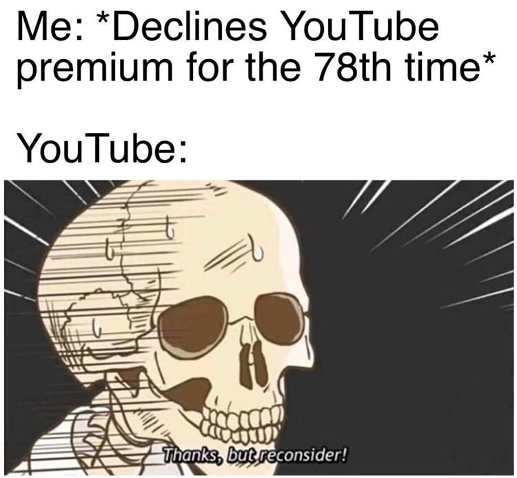 thanks but reconsider skeleton - Me Declines YouTube premium for the 78th time YouTube Thanks, but reconsider!