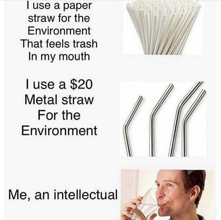 me an intellectual straw meme - I use a paper straw for the Environment That feels trash In my mouth I use a $20 Metal straw For the Environment a Me, an intellectual
