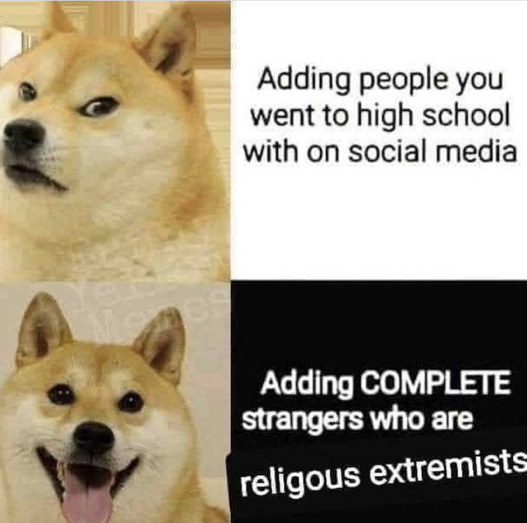 dog - Adding people you went to high school with on social media Adding Complete strangers who are religous extremists