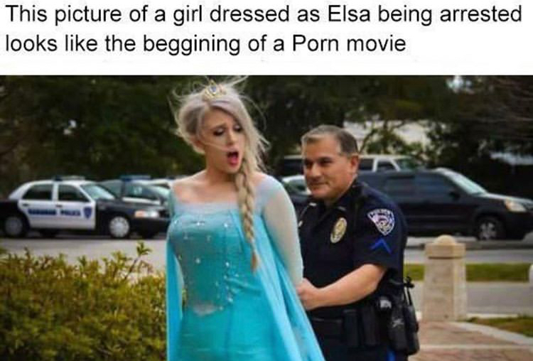 funny memes - being arrested - This picture of a girl dressed as Elsa being arrested looks the beggining of a Porn movie