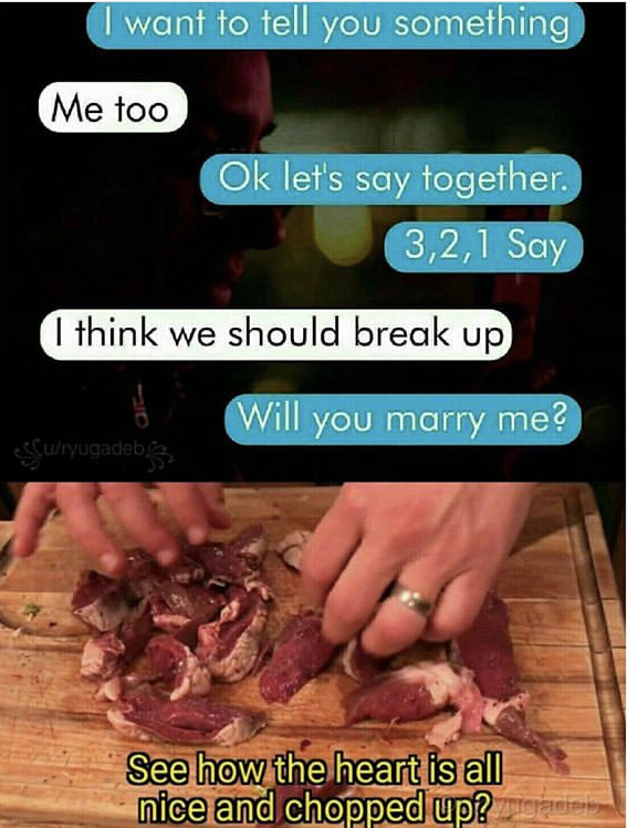 funny memes - wtf welcome to friendzone - I want to tell you something Me too Ok let's say together. 3,2,1 Say I think we should break up Will you marry me? Suryugodtab 13. See how the heart is all nice and chopped up? Per