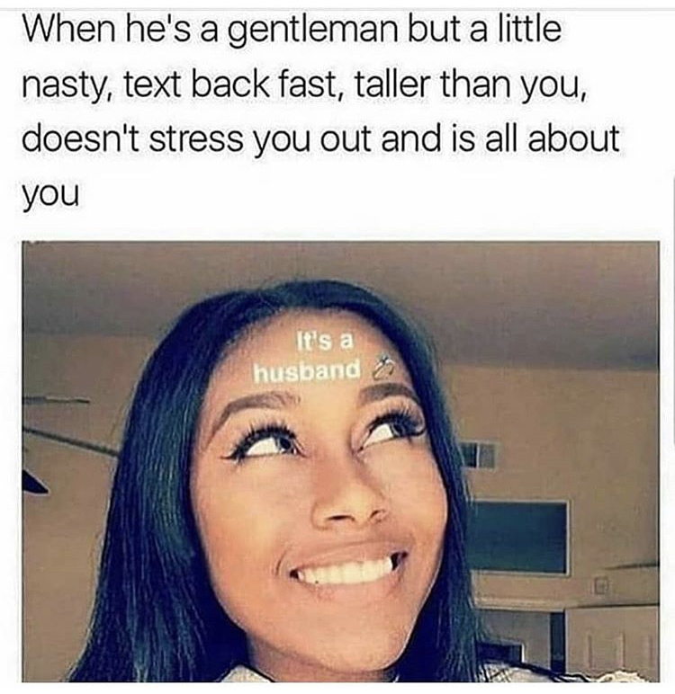 funny memes - relationship memes - When he's a gentleman but a little nasty, text back fast, taller than you, doesn't stress you out and is all about you It's a husband