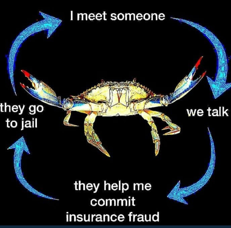 funny memes - dungeness crab - I meet someone they go to jail we talk they help me commit insurance fraud
