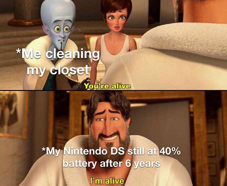 random memes - photo caption - Me cleaning my closet You're alive My Nintendo Ds still at 40% battery after 6 years I'm alive