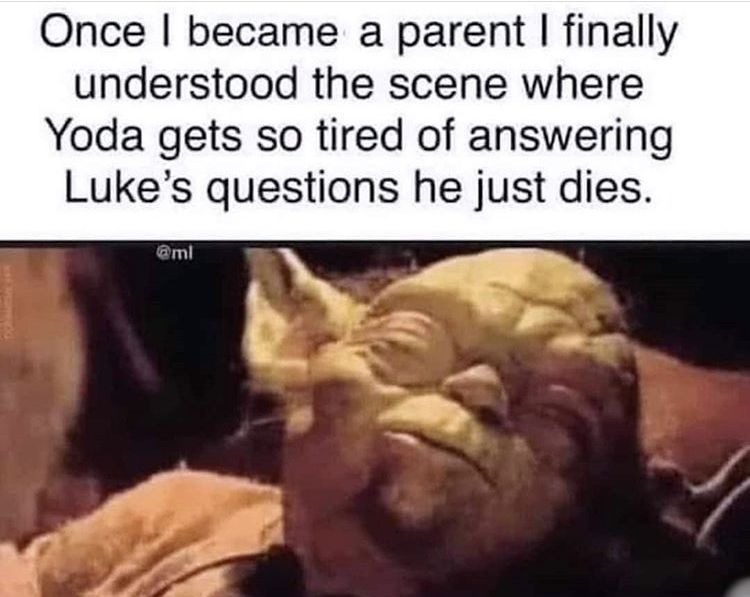 now that i have children i understand - Once I became a parent I finally understood the scene where Yoda gets so tired of answering Luke's questions he just dies.
