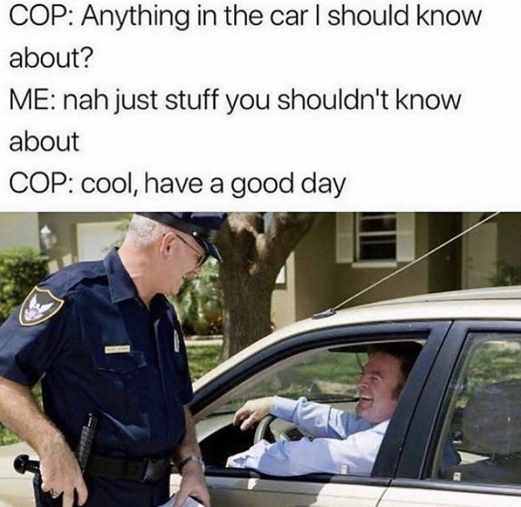 officer pulling someone over - Cop Anything in the car I should know about? Me nah just stuff you shouldn't know about Cop cool, have a good day