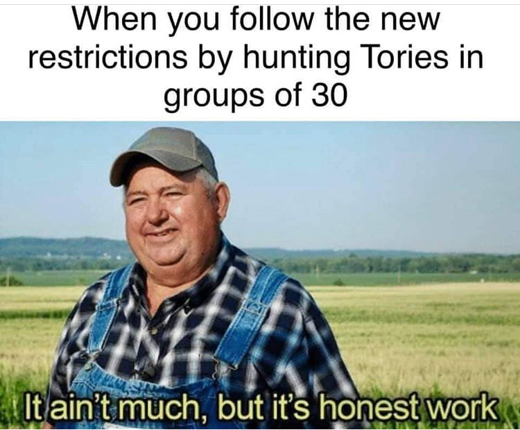 meme suisse - When you the new restrictions by hunting Tories in groups of 30 It ain't much, but it's honest work