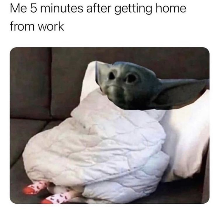 me 2 minutes after getting home - Me 5 minutes after getting home from work