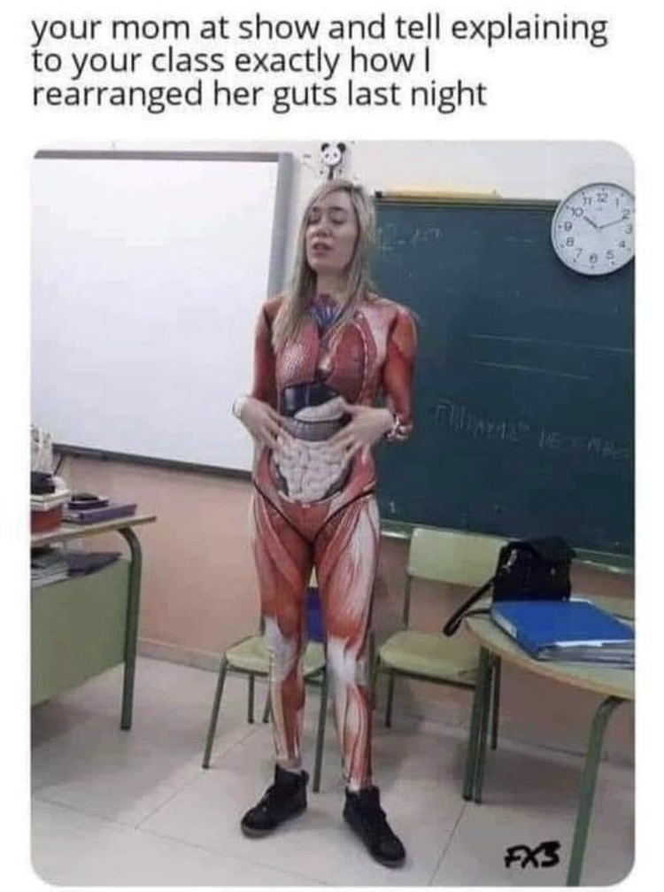 skin tight bodysuit anatomy - your mom at show and tell explaining to your class exactly how | rearranged her guts last night