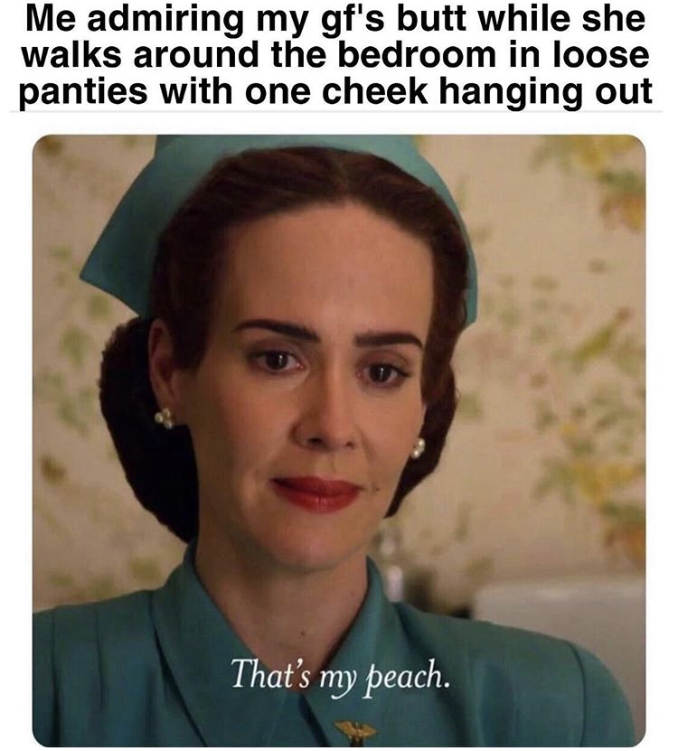 funny memes - photo caption - Me admiring my gf's butt while she walks around the bedroom in loose panties with one cheek hanging out That's my peach.