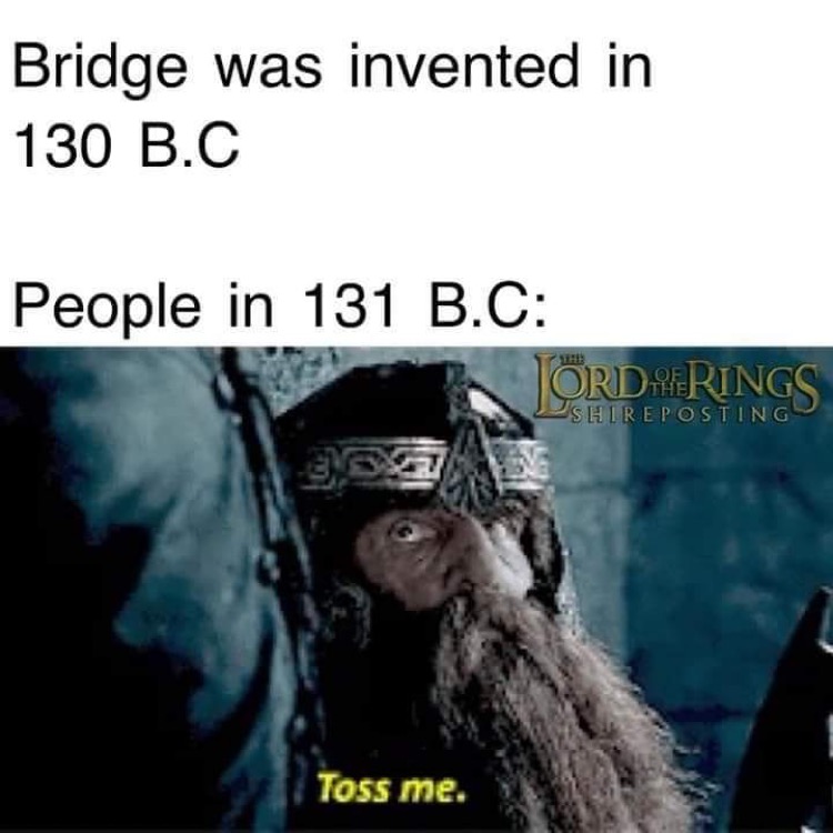 toss me meme - Bridge was invented in 130 B.C People in 131 B.C Torderings Shire Posting Toss me.