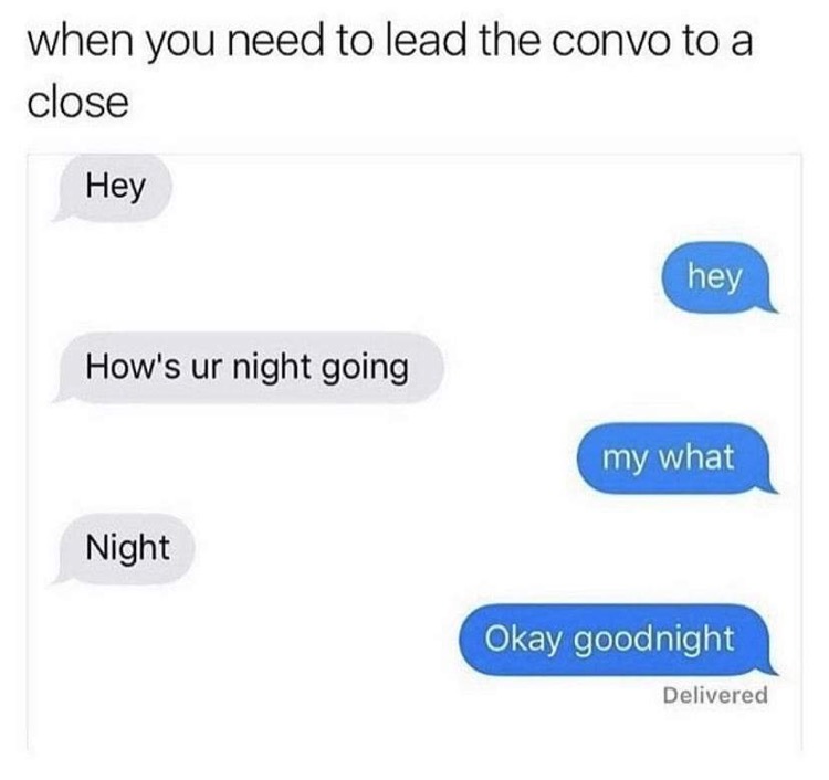 good night meme text - when you need to lead the convo to a close Hey hey How's ur night going my what Night Okay goodnight Delivered