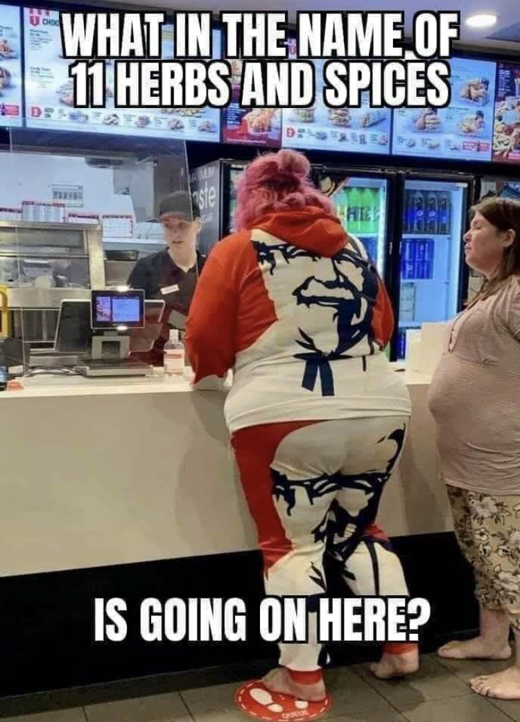 woman in kfc outfit - What In The Name Of 11 Herbs And Spices Di Des He Is Going On Here?