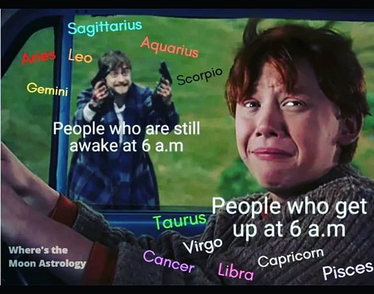 harry potter - Sagittarius Aquarius Leo Gemini Scorpio People who are still awake at 6 a.m Taurus People who get up at 6 a.m Virgo Where's the Moon Astrology Cancer Libra Capricorn Pisces