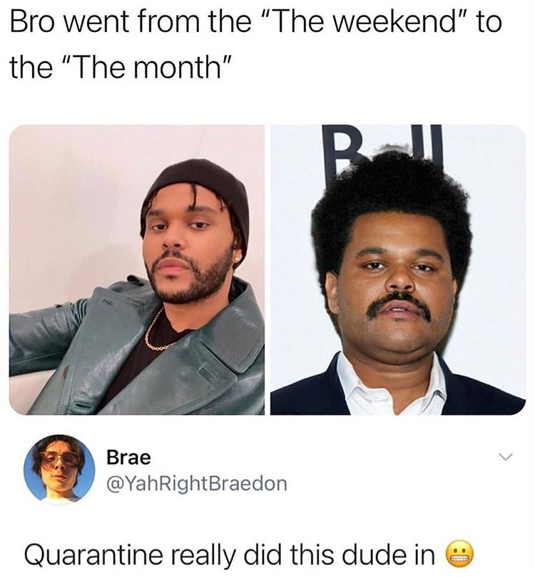The Weeknd - Bro went from the "The weekend" to the "The month". R Brae Quarantine really did this dude in