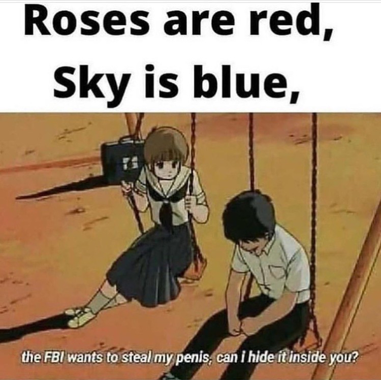 pickup line meme - Roses are red, Sky is blue, the Fbi wants to steal my penis, can i hide it inside you?