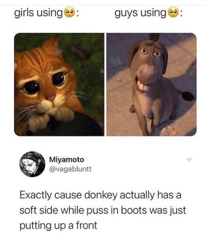 funny memes - puss in boots - girls usings guys using Miyamoto Exactly cause donkey actually has a soft side while puss in boots was just putting up a front