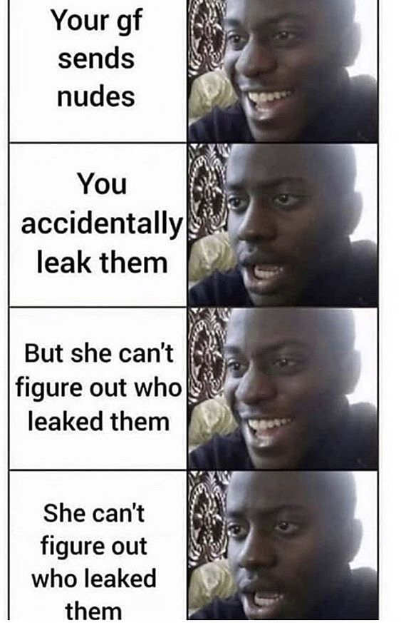 funny memes - Your gf sends nudes You accidentally leak them But she can't figure out who leaked them She can't figure out who leaked them