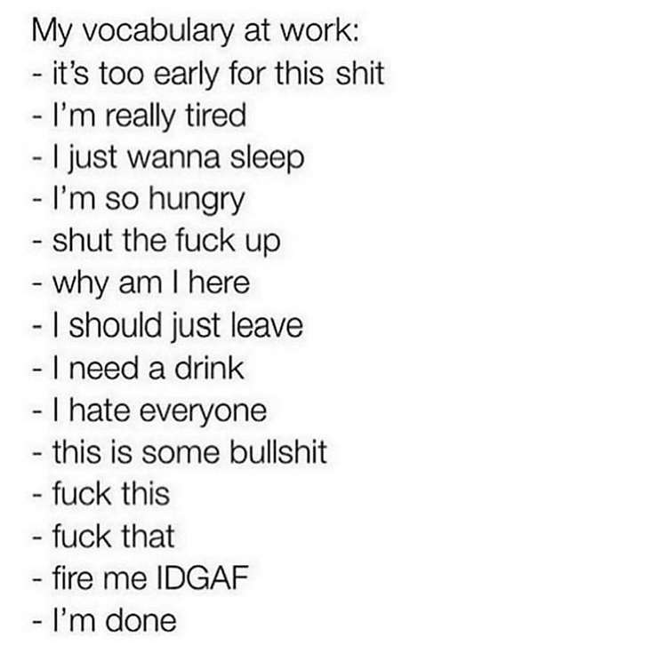 funny memes - My vocabulary at work it's too early for this shit I'm really tired I just wanna sleep I'm so hungry shut the fuck up why am I here I should just leave I need a drink I hate everyone this is some bullshit fuck this fuck that fire me Idgaf I'