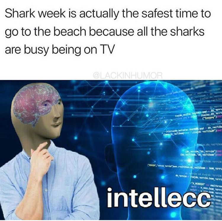 intelecc meme - Shark week is actually the safest time to go to the beach because all the sharks are busy being on Tv . or intellecc