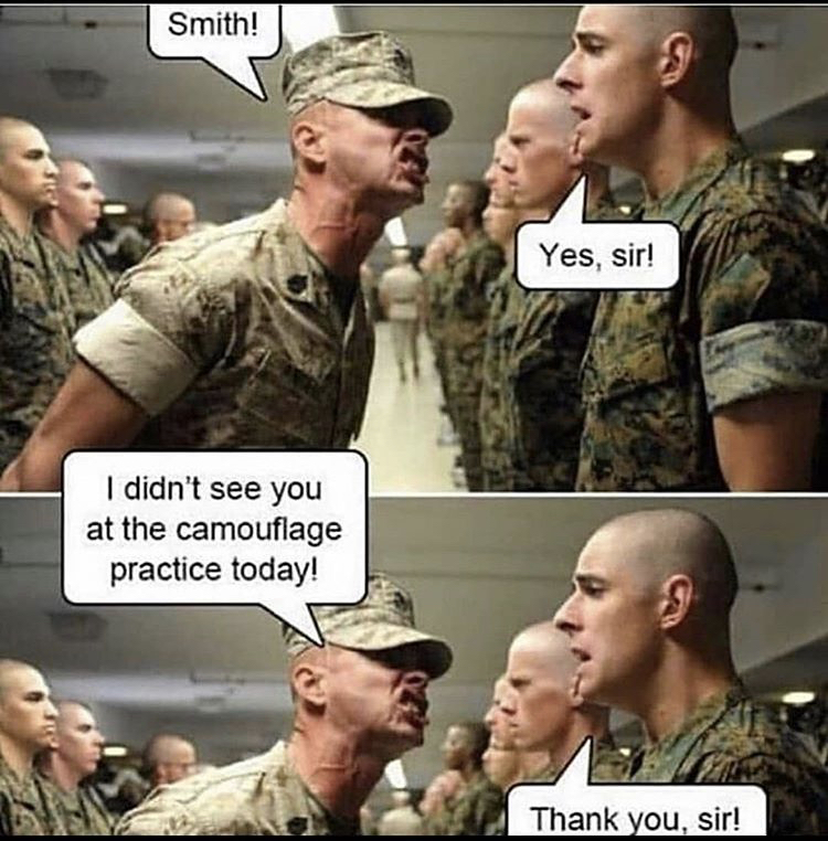 marine corps drill instructor - Smith! Yes, sir! I didn't see you at the camouflage practice today! Thank you, sir!