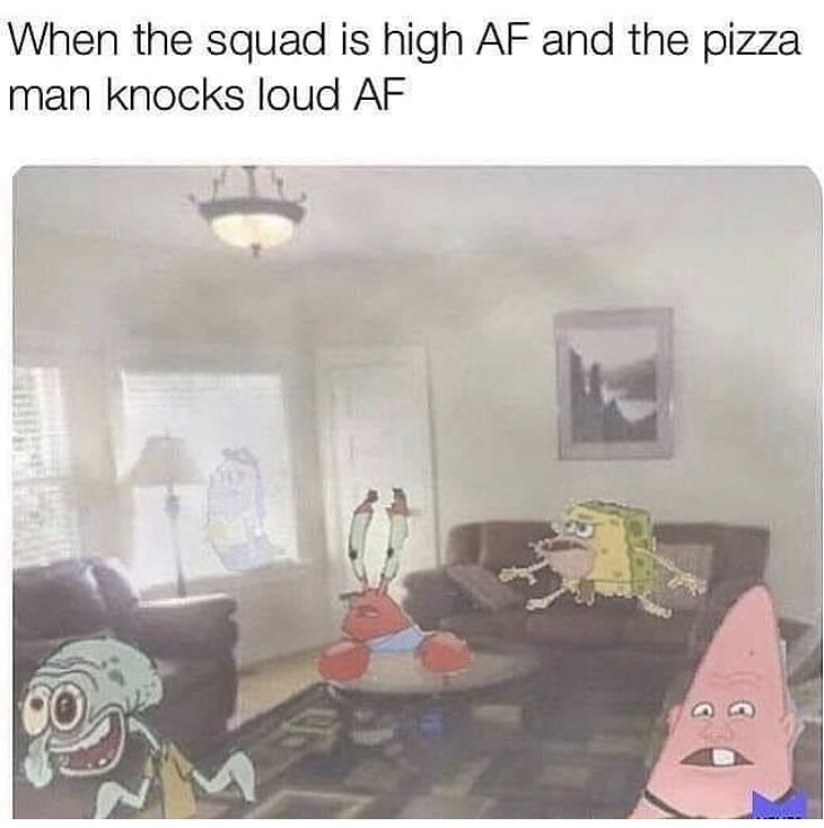 spongebob high asf - When the squad is high Af and the pizza man knocks loud Af