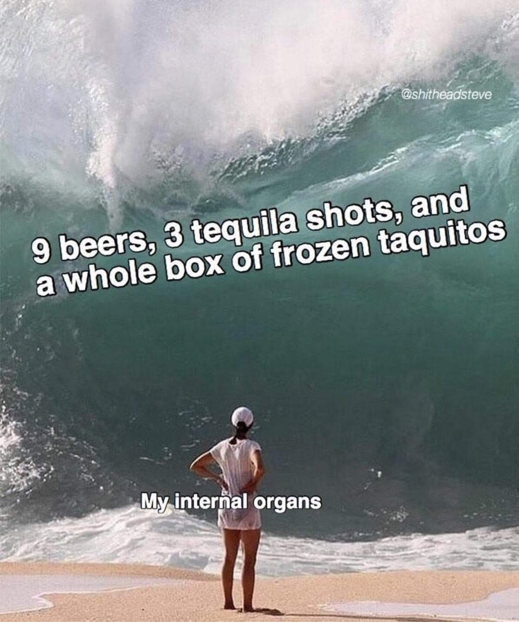 funny memes - wave meme template - 9 beers, 3 tequila shots, and a whole box of frozen taquitos My internal organs
