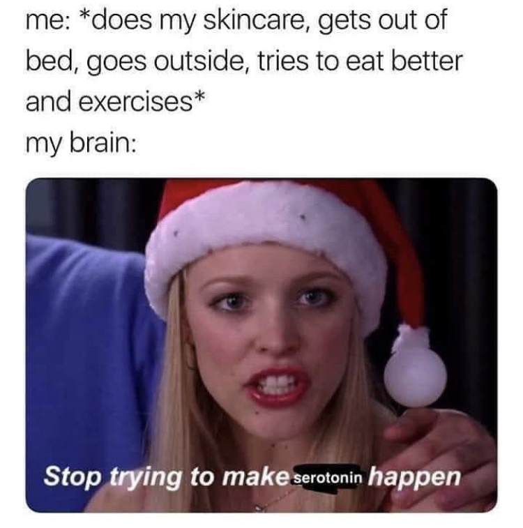 funny memes - rachel mcadams - me does my skincare, gets out of bed, goes outside, tries to eat better and exercises my brain Stop trying to make serotonin happen