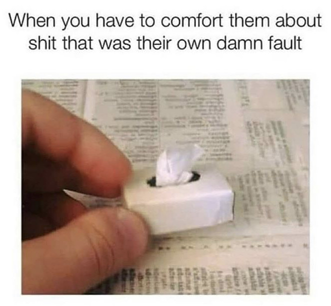 do you need a tissue for your issue - When you have to comfort them about shit that was their own damn fault