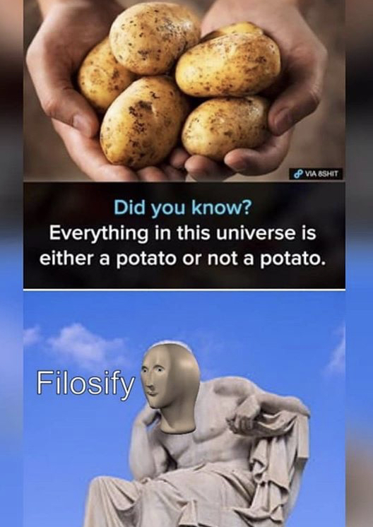 everything is either a potato or not - Via Eshit Did you know? Everything in this universe is either a potato or not a potato. Filosify