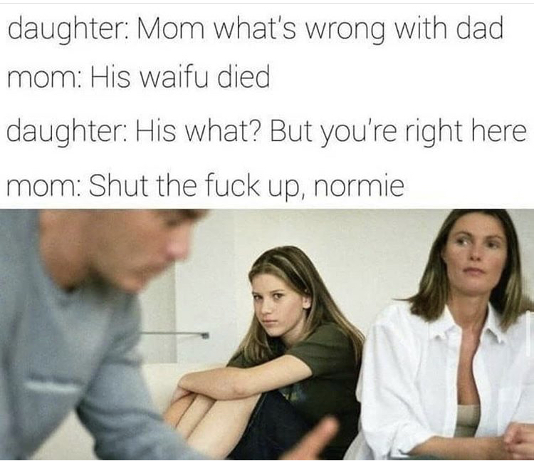 daughter Mom what's wrong with dad mom His waifu died daughter His what? But you're right here mom Shut the fuck up, normie