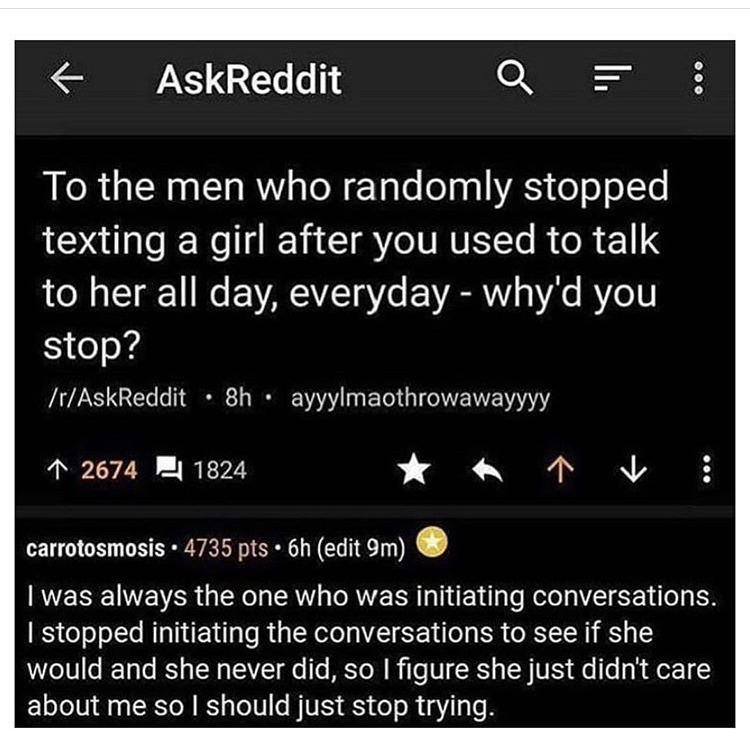 johnny the homicidal maniac - AskReddit Q To the men who randomly stopped texting a girl after you used to talk to her all day, everyday why'd you stop? rAskReddit . 8h. ayyylmaothrowawayyyy 12674 1824 carrotosmosis 4735 pts 6h edit 9m I was always the on