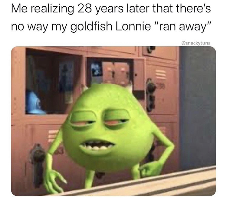 cursed memes - Me realizing 28 years later that there's no way my goldfish Lonnie "ran away"